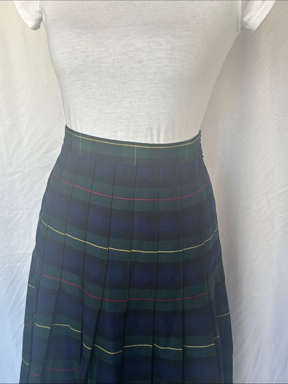 Lands' End Navy and Green Tartan Pleated Skirt